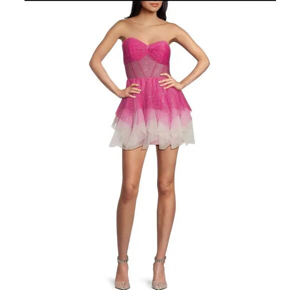 Pear Culture Strapless Corset Lace-Up Back Glitter Ombre Dress in Pink Size 3/4 - Picture 1 of 7